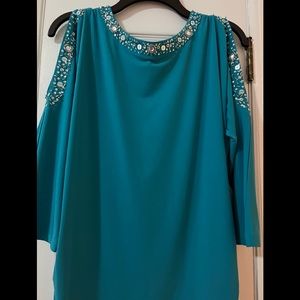 Cold shoulder blue green top w sparkles sz med/ Also in black  -  2 for $20